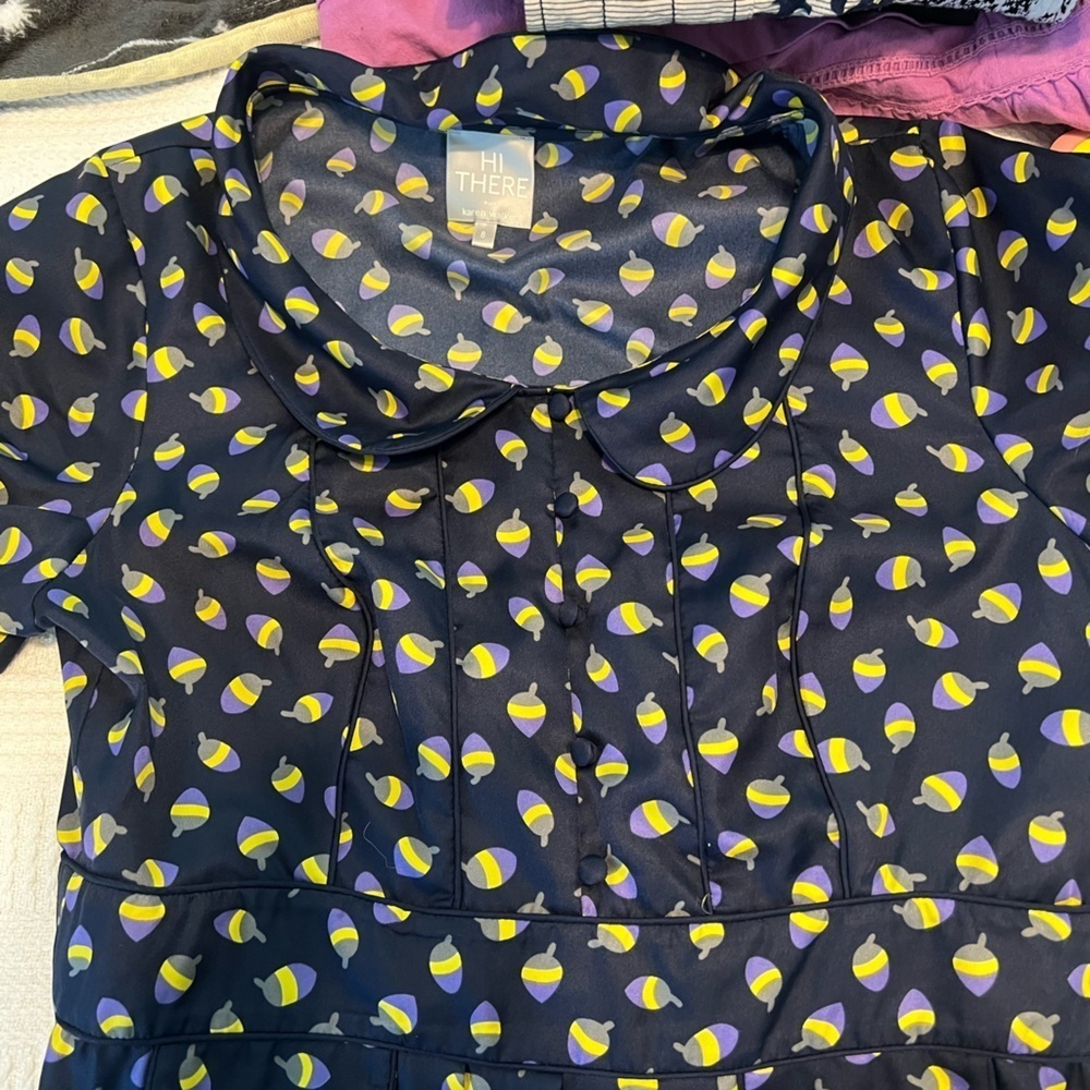 Anthropologie Hi There Karen Walker Dress Size 8 Retro Print Shift Midi Mini - Picture 10 of 12